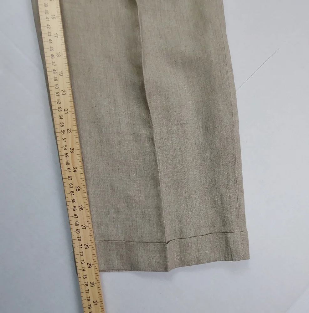 Paul Fredrick Dress Pants Mens Size 38x29 Beige Tan 100% Linen Pleated Cuffed